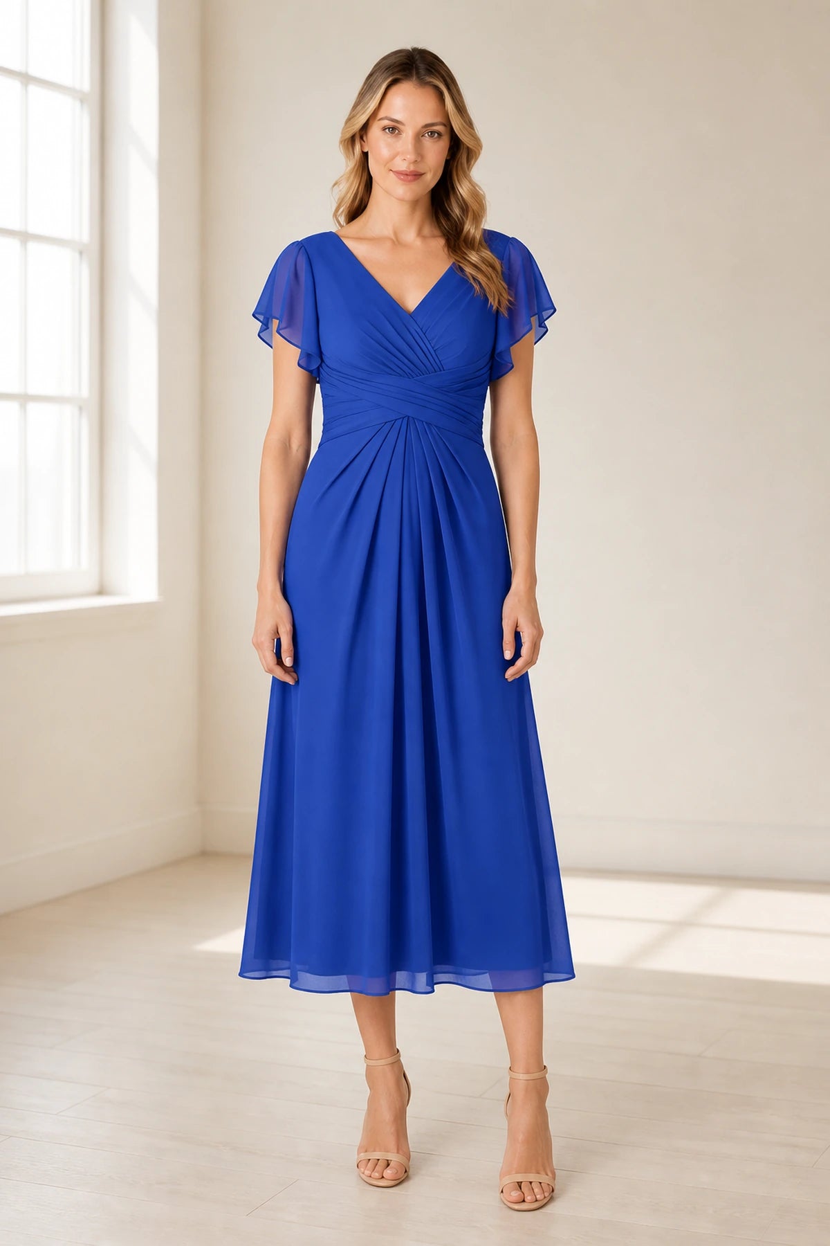 Elegant A-Line V-Neck Flutter Sleeve Zipper Back Midi Mother of Bride Dress