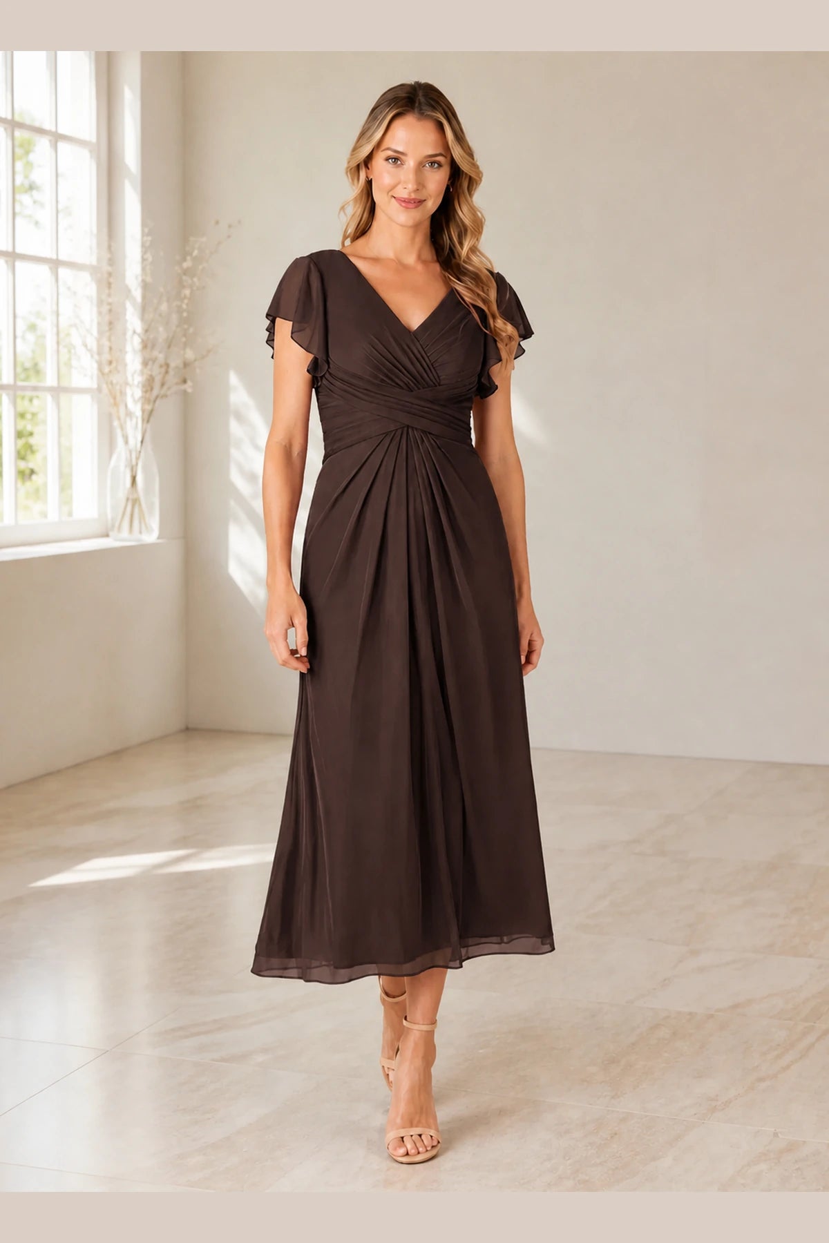 Elegant A-Line V-Neck Flutter Sleeve Zipper Back Midi Mother of Bride Dress