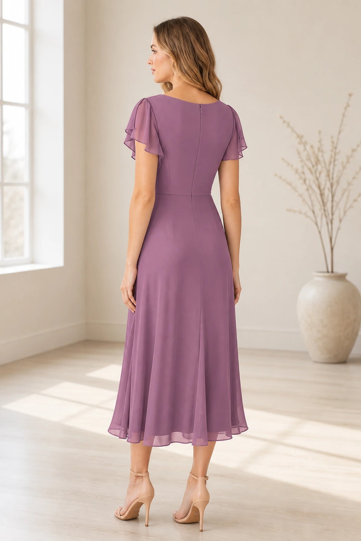 Vedress dusty mauve mother of the bride midi dress with flutter sleeves center zipper back and flowing A-line skirt back view