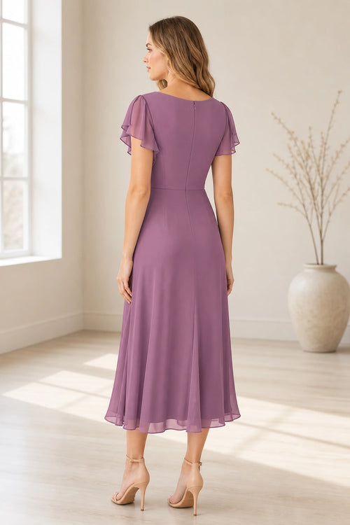  dusty mauve mother of the bride midi dress with flutter sleeves center zipper back and flowing A-line skirt back view
