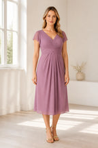 Elegant A-Line V-Neck Flutter Sleeve Zipper Back Midi Mother of Bride Dress