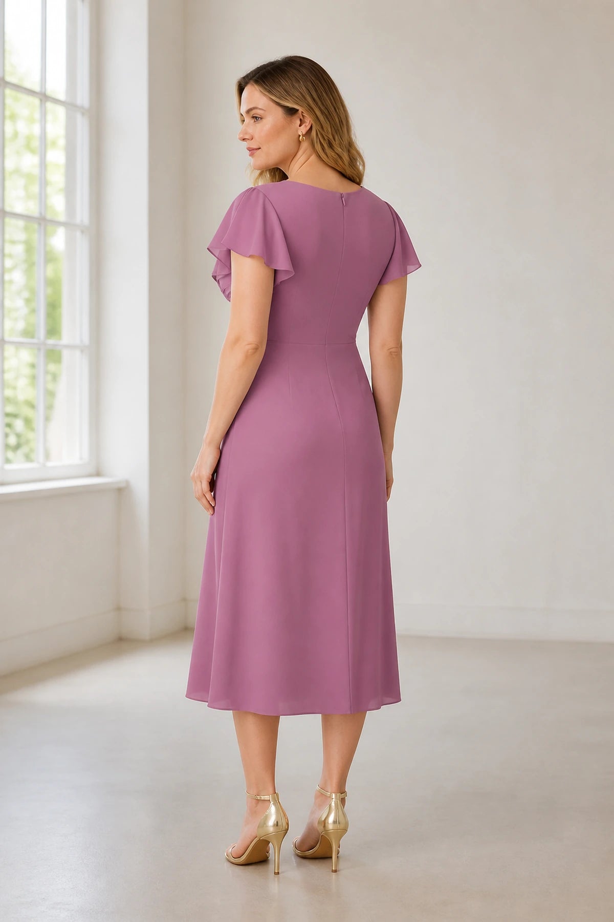 Elegant A-Line V-Neck Flutter Sleeve Zipper Back Midi Mother of Bride Dress