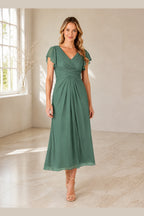 Elegant A-Line V-Neck Flutter Sleeve Zipper Back Midi Mother of Bride Dress