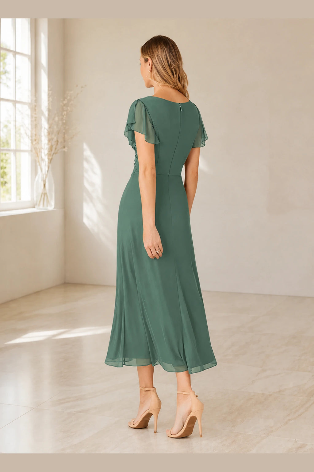 Elegant A-Line V-Neck Flutter Sleeve Zipper Back Midi Mother of Bride Dress