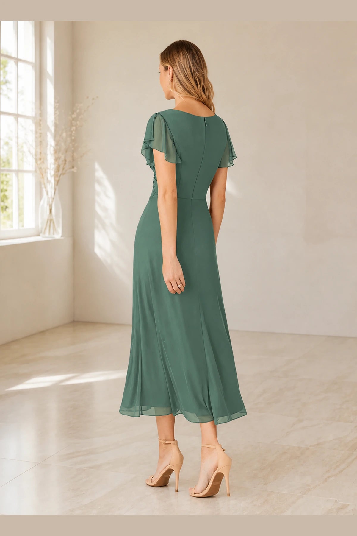 Elegant A-Line V-Neck Flutter Sleeve Zipper Back Midi Mother of Bride Dress