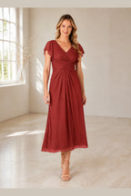 Elegant A-Line V-Neck Flutter Sleeve Zipper Back Midi Mother of Bride Dress