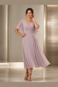 Vedress dusty mauve mother of the bride dress with V-neck flutter sleeves ruched waist floral applique and tea-length A-line skirt front view