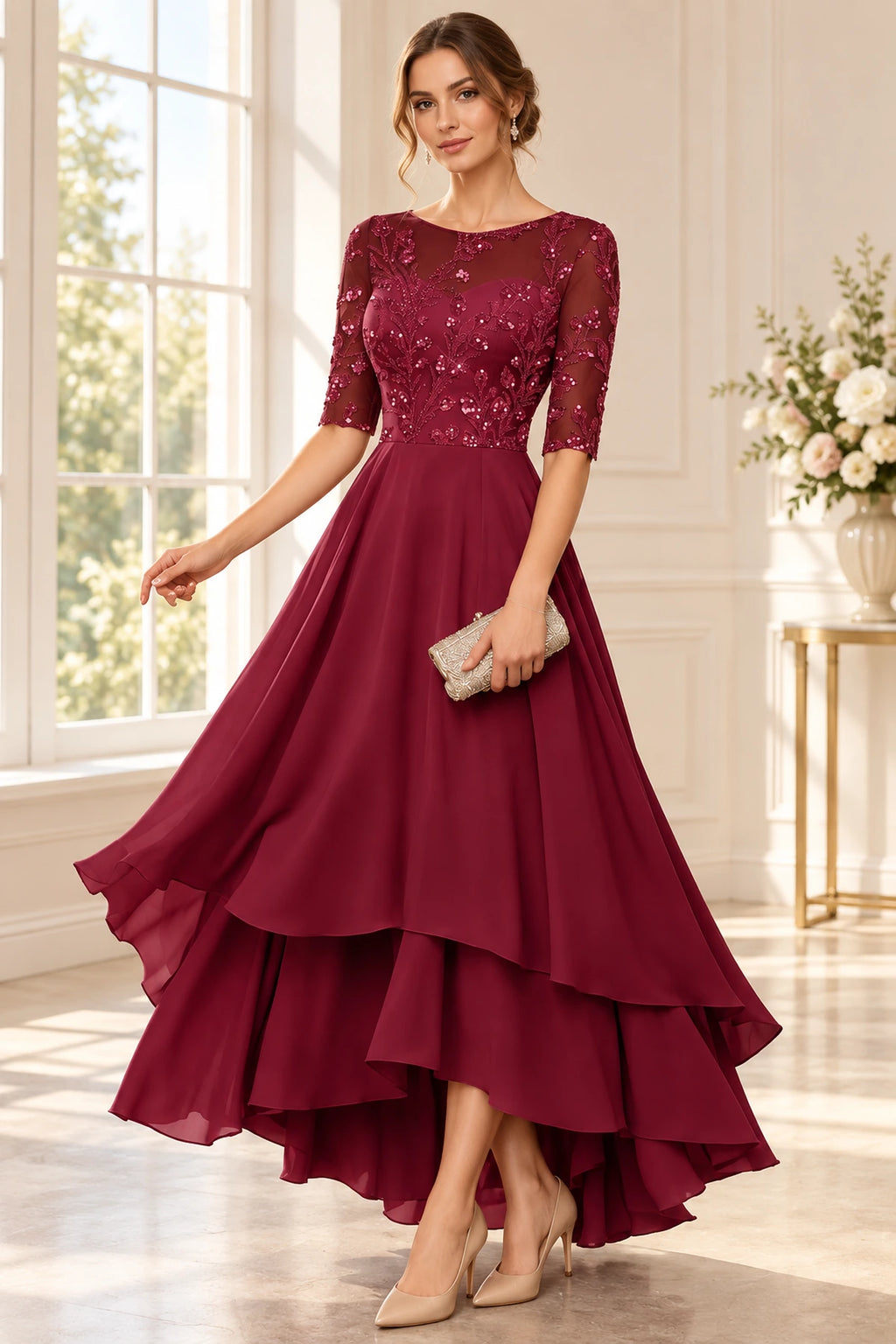Elegant A Line Round Neck Three Quarter Sleeve Layered Chiffon Mother of the Bride Dress