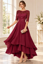 Elegant A Line Round Neck Three Quarter Sleeve Layered Chiffon Mother of the Bride Dress