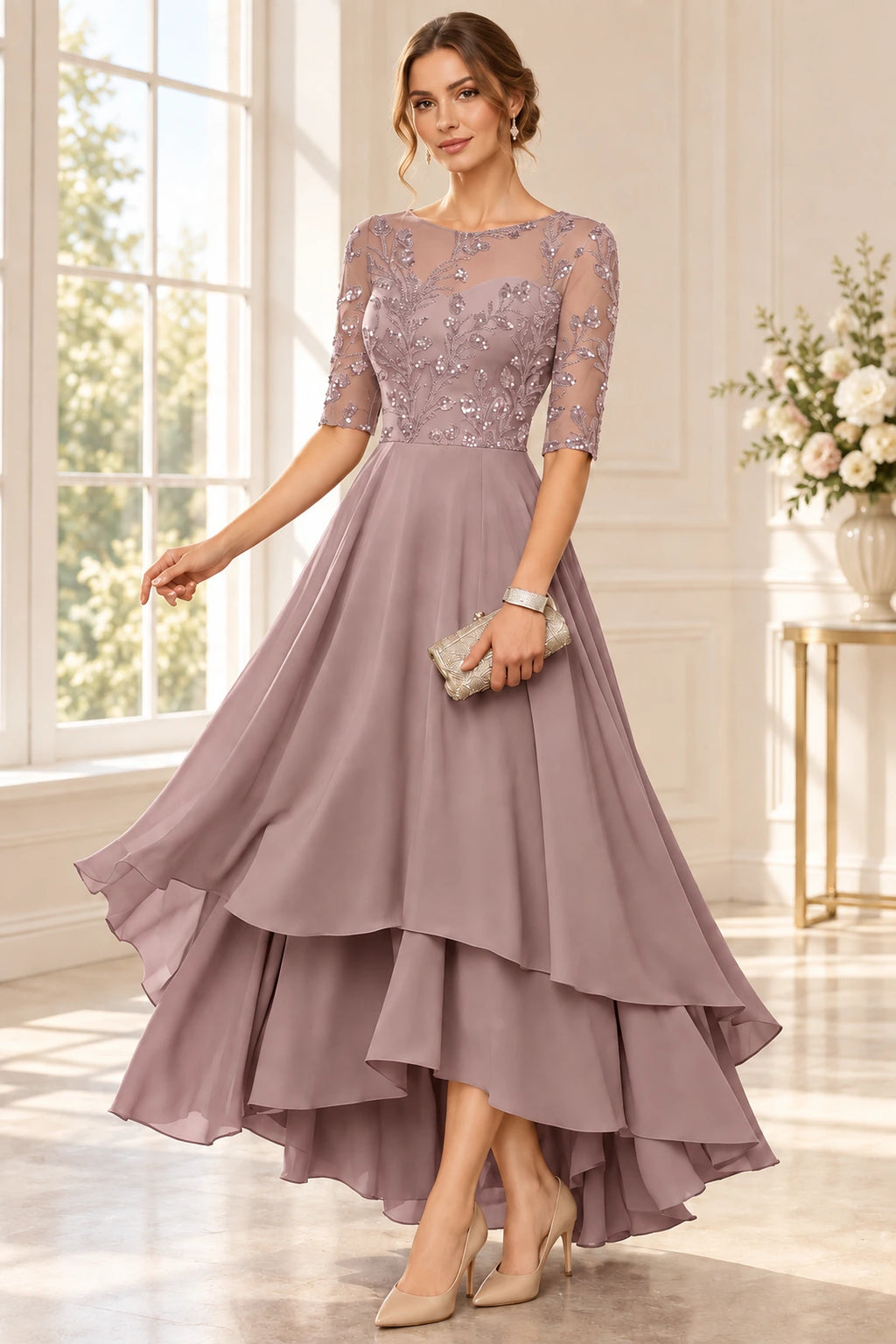 Dusty mauve mother of the bride dress with lace bodice three quarter sleeves and layered chiffon skirt