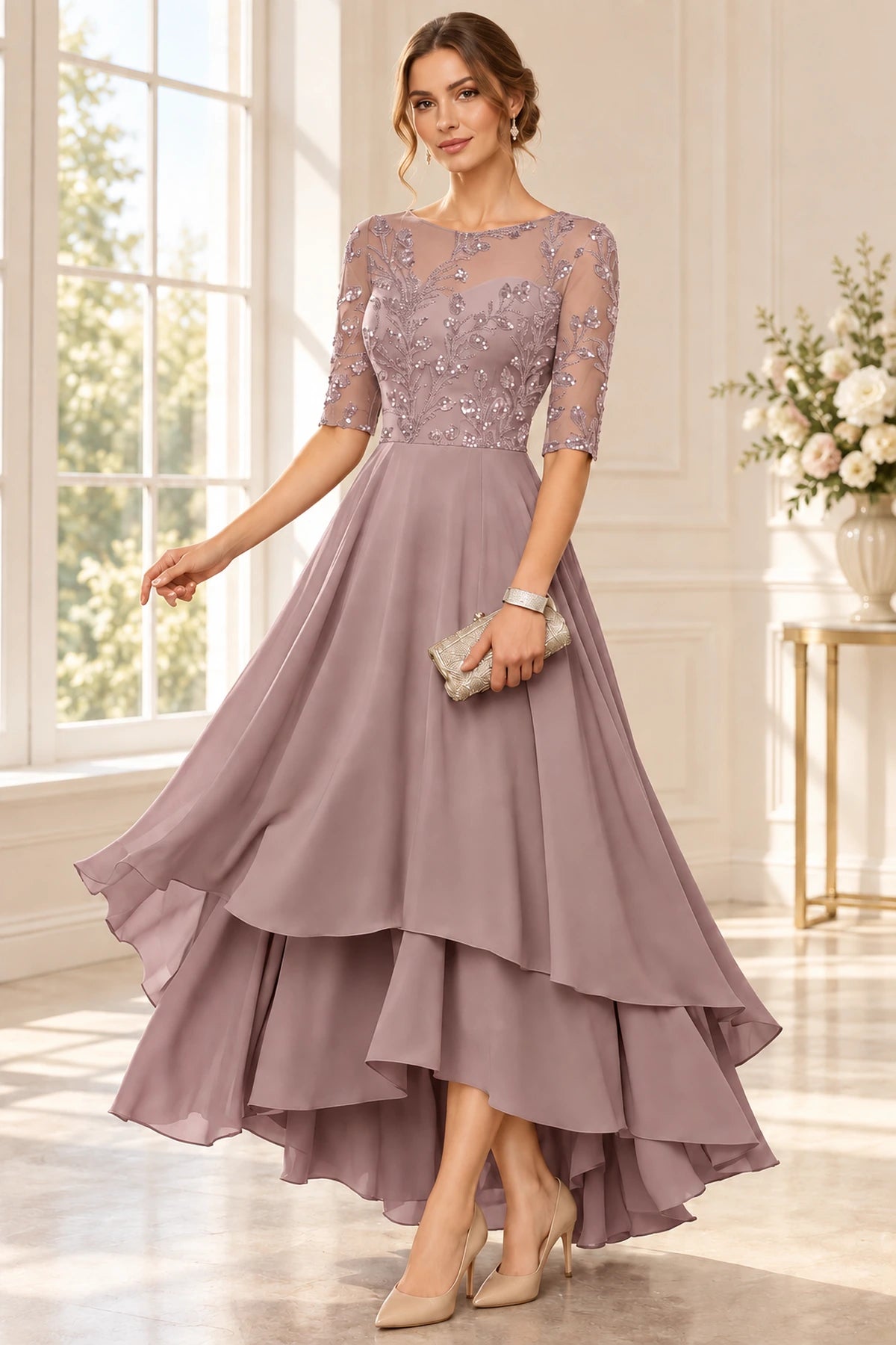 Dusty mauve mother of the bride dress with lace bodice three quarter sleeves and layered chiffon skirt