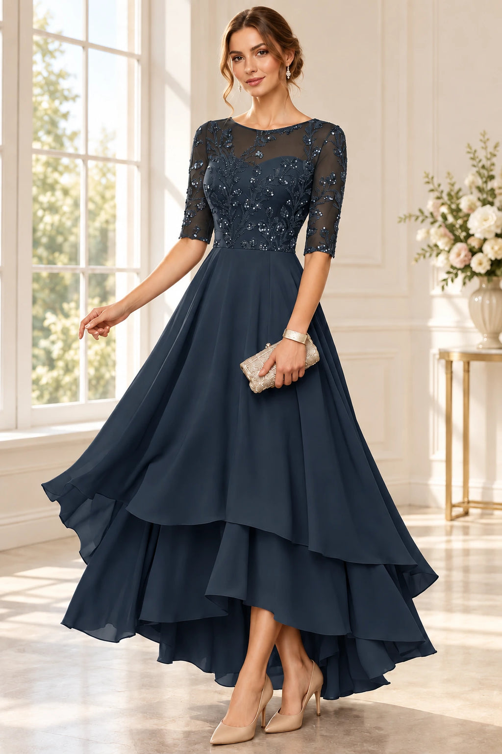 Elegant A Line Round Neck Three Quarter Sleeve Layered Chiffon Mother of the Bride Dress