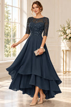 Elegant A Line Round Neck Three Quarter Sleeve Layered Chiffon Mother of the Bride Dress
