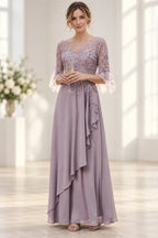 Dusty mauve A-line Mother of the Bride Dress with illusion neckline, lace bodice, bell sleeves and cascading ruffle