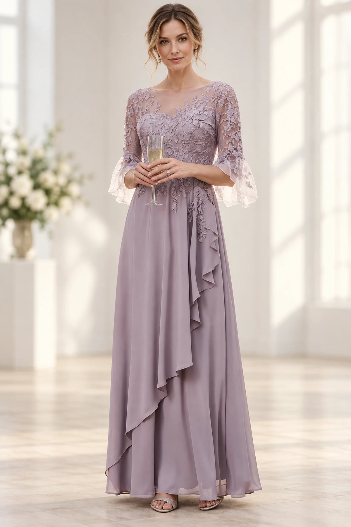 Dusty mauve A-line Mother of the Bride Dress with illusion neckline, lace bodice, bell sleeves and cascading ruffle