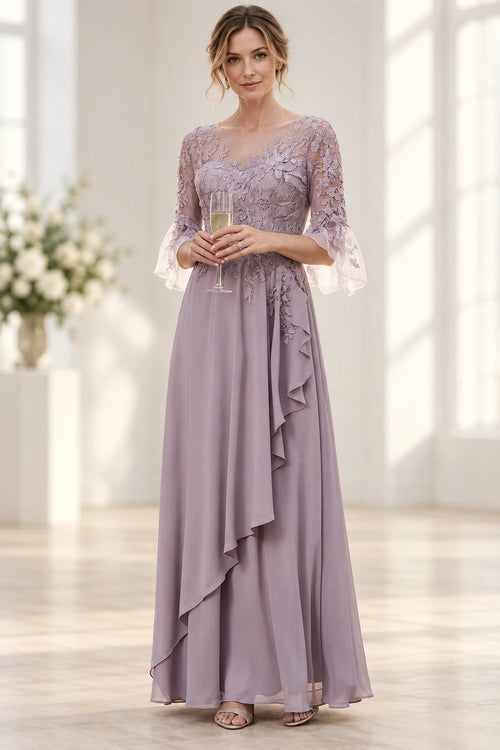 Dusty mauve A-line Mother of the Bride Dress with illusion neckline, lace bodice, bell sleeves and cascading ruffle