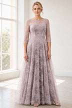 Dusty mauve A-line bateau neck three-quarter sleeve Mother of the Bride dress with full lace design and V-back, front and back view by Vedress