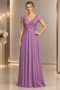 Dusty Mauve A-line Mother of the Bride Dress with V-neck lace bodice and cap sleeves