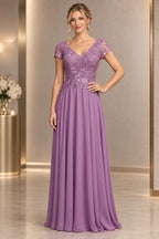 Dusty Mauve A-line Mother of the Bride Dress with V-neck lace bodice and cap sleeves