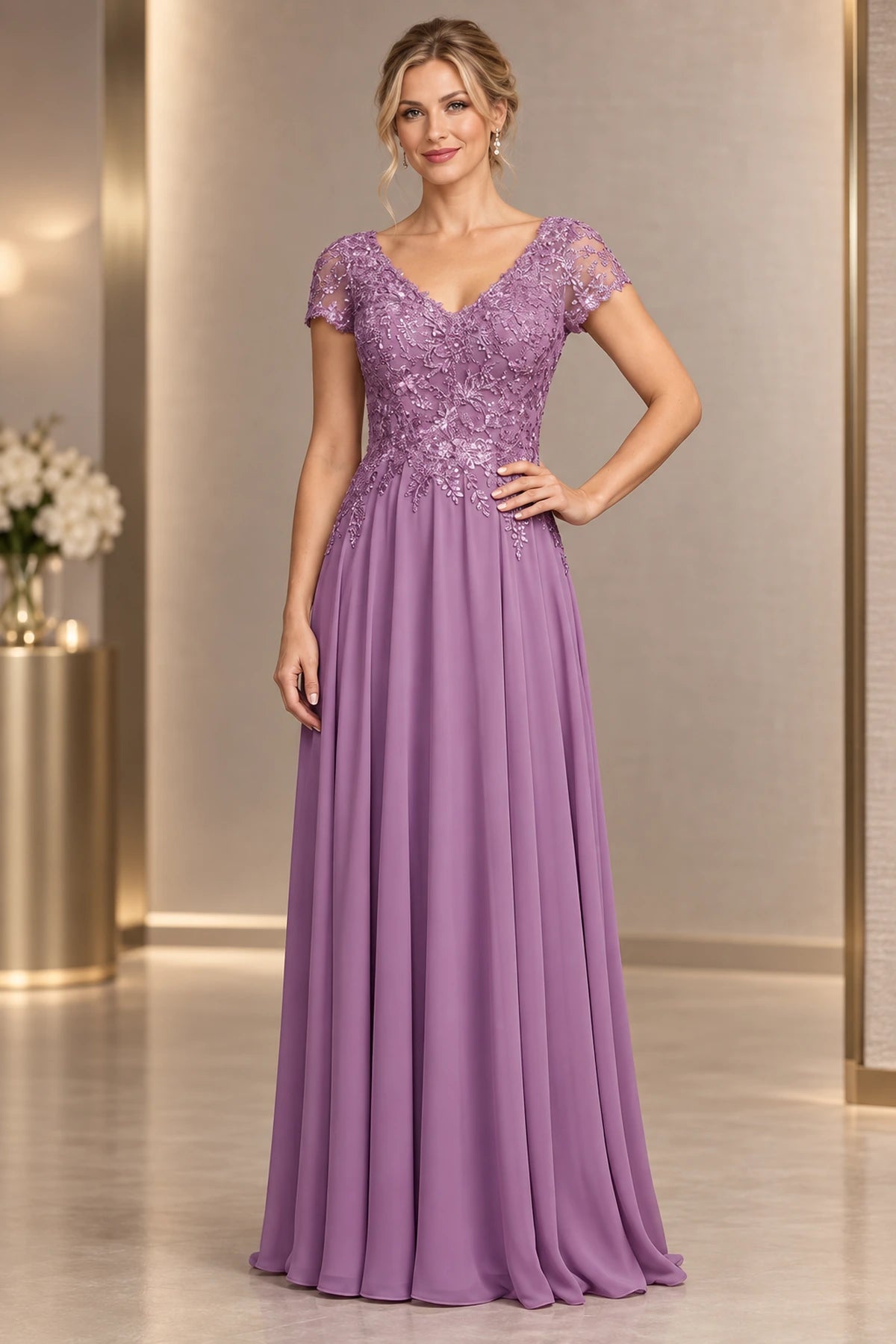 Dusty Mauve A-line Mother of the Bride Dress with V-neck lace bodice and cap sleeves