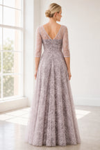 Dusty mauve A-line bateau neck three-quarter sleeve Mother of the Bride dress with full lace design and V-back, front and back view by Vedress
