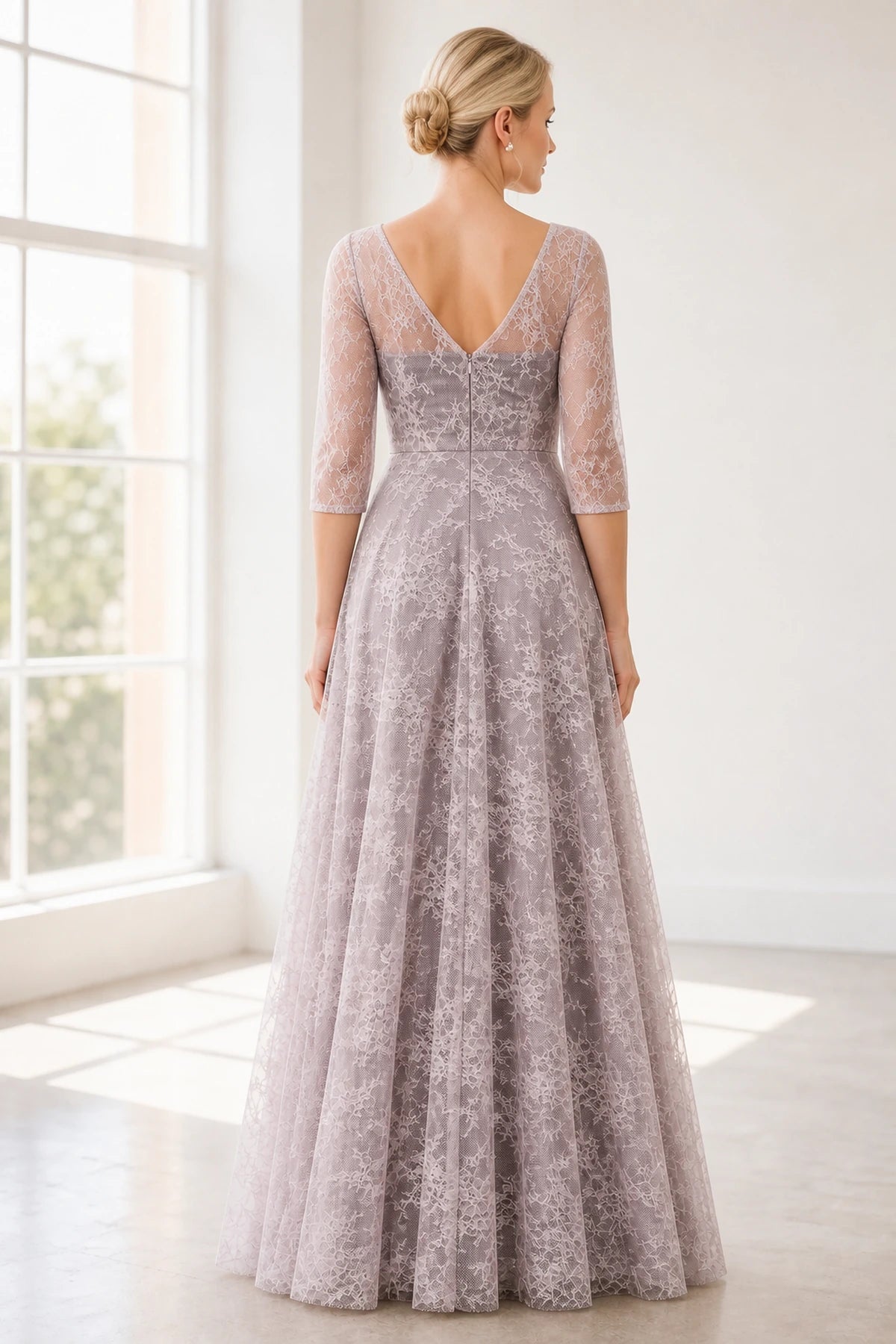 Dusty mauve A-line bateau neck three-quarter sleeve Mother of the Bride dress with full lace design and V-back, front and back view by Vedress
