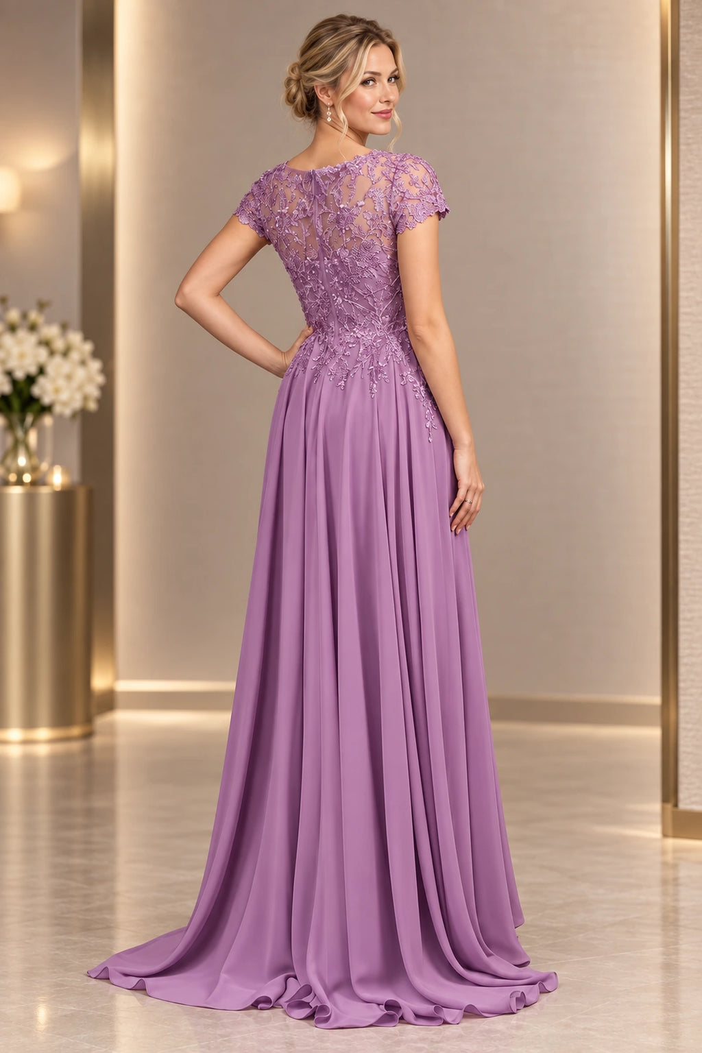 Dusty Mauve Mother of the Bride Dress with sheer floral lace back and flowing skirt
