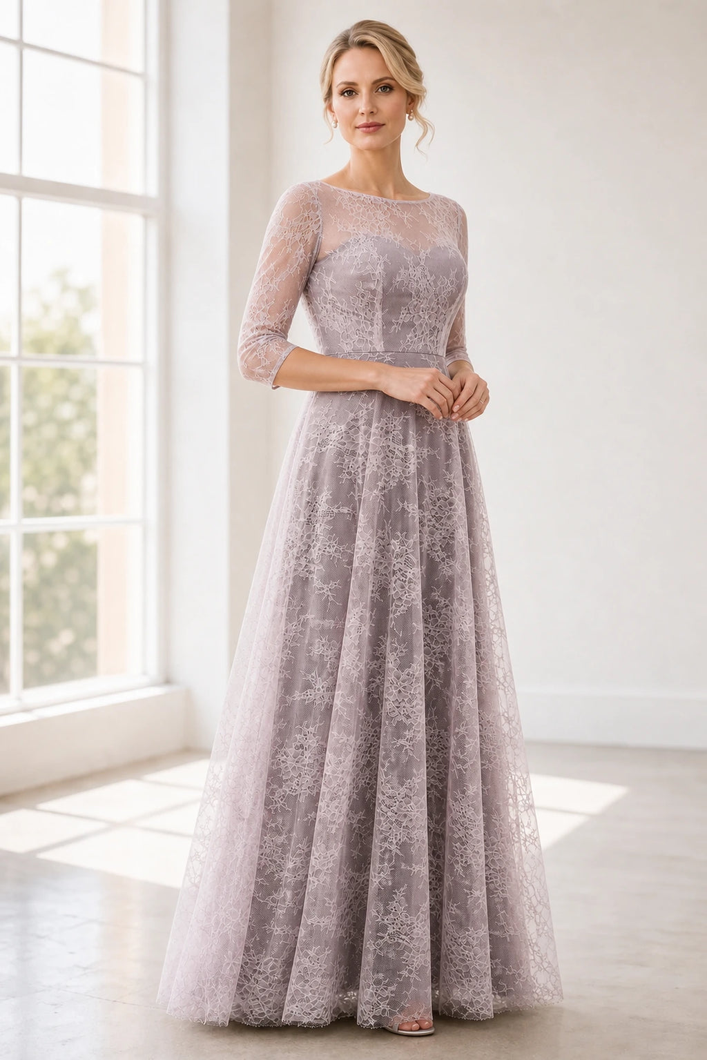 Graceful A-Line Bateau-Neck Three-Quarter Sleeve V-Back Long Mother of the Bride Dress