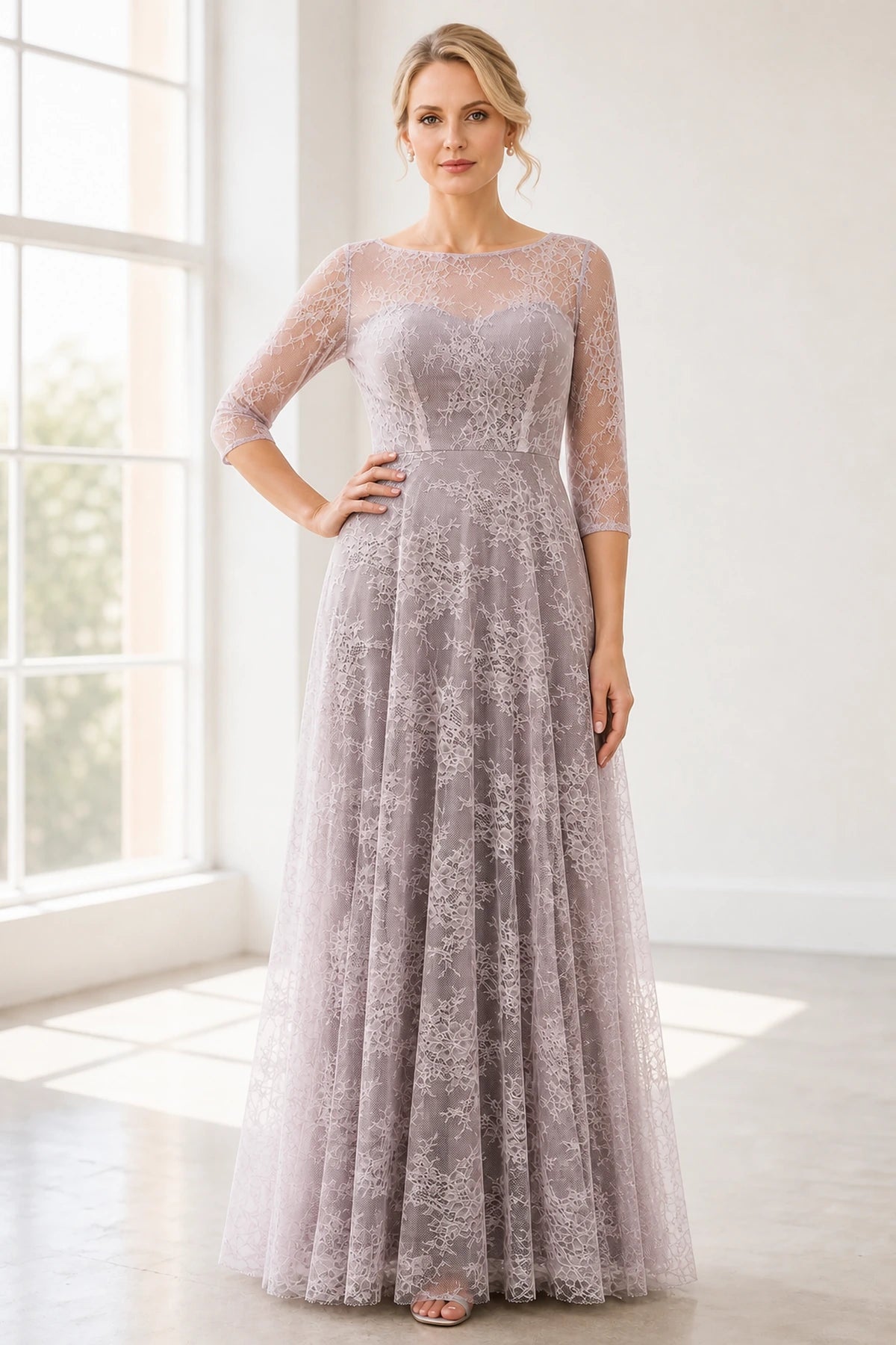 Graceful A-Line Bateau-Neck Three-Quarter Sleeve V-Back Long Mother of the Bride Dress