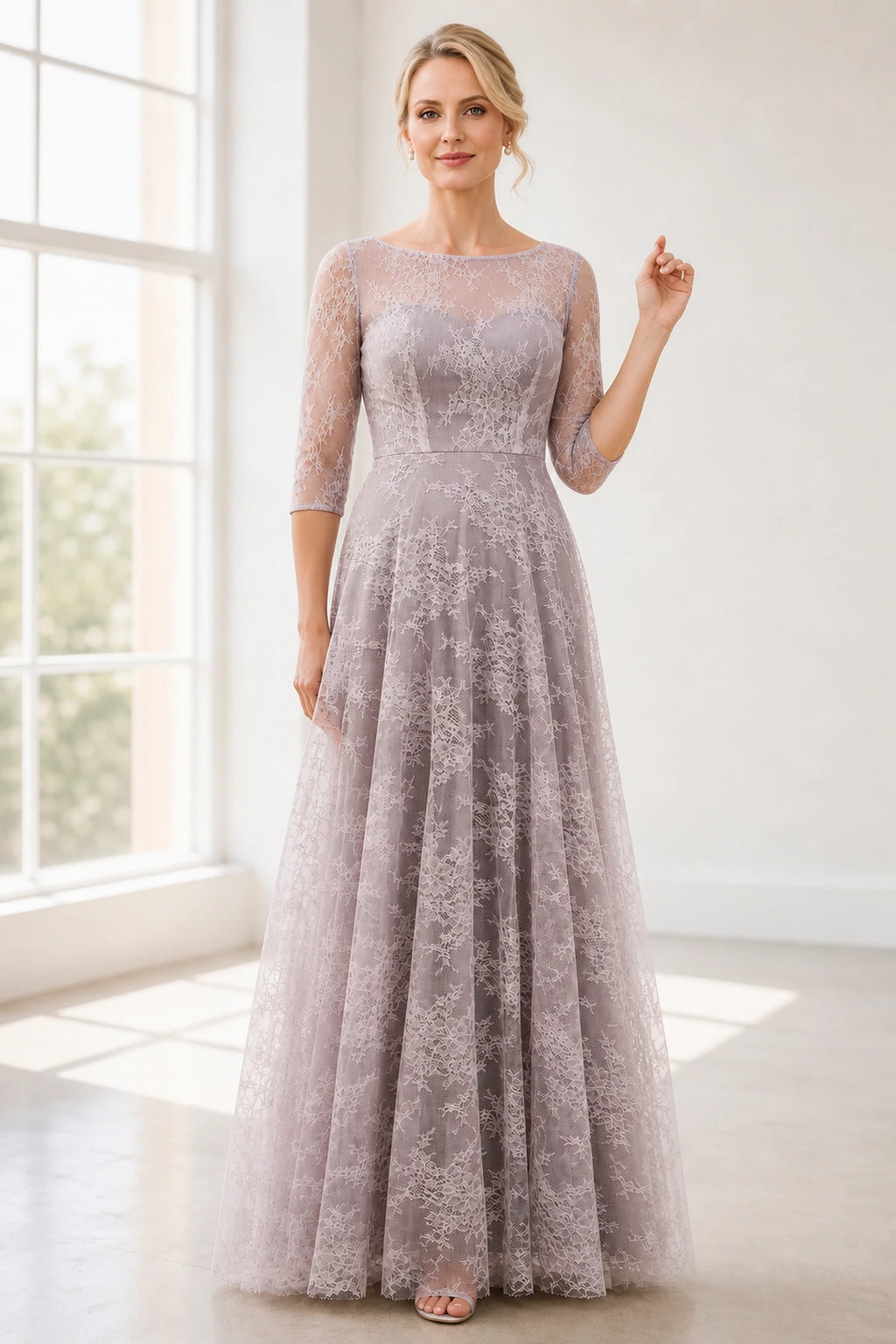 Graceful A-Line Bateau-Neck Three-Quarter Sleeve V-Back Long Mother of the Bride Dress