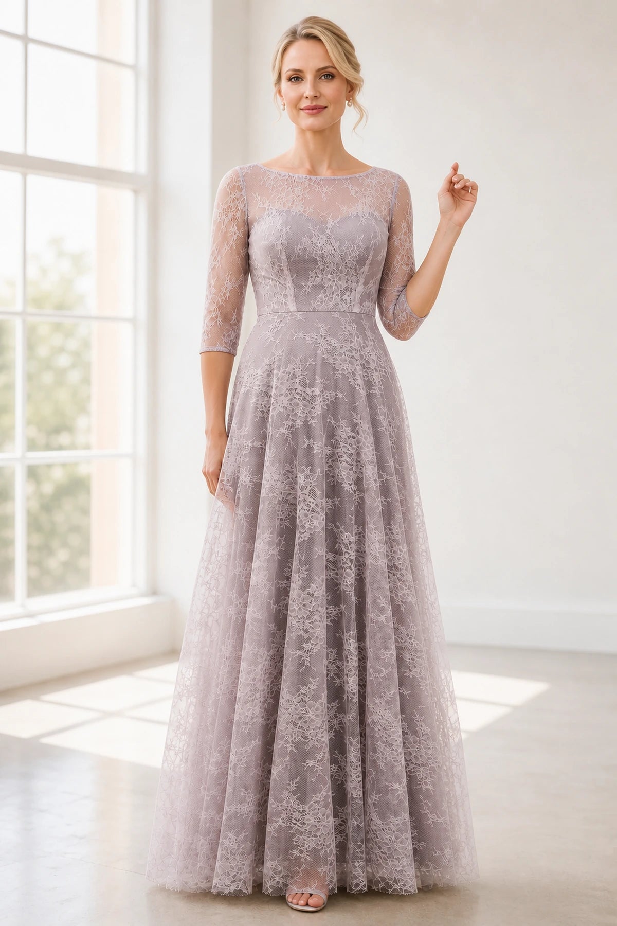 Graceful A-Line Bateau-Neck Three-Quarter Sleeve V-Back Long Mother of the Bride Dress