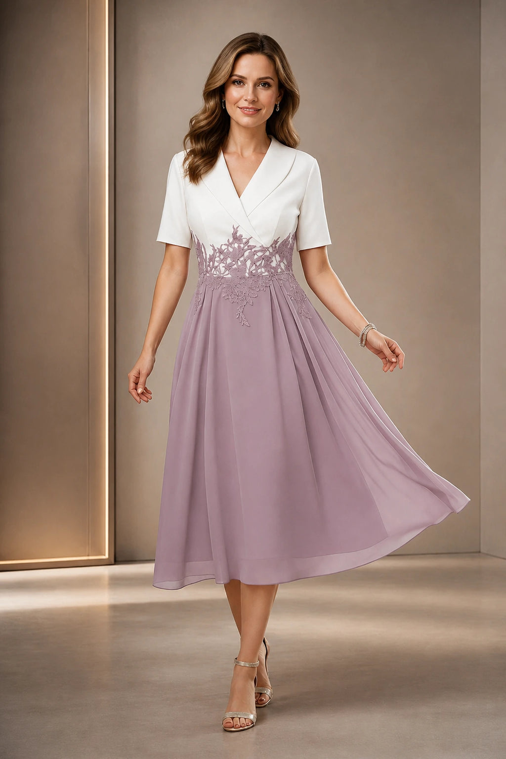 Vedress ivory and dusty mauve mother of the bride dress with V-neck short sleeves lace waist and tea-length A-line skirt front view
