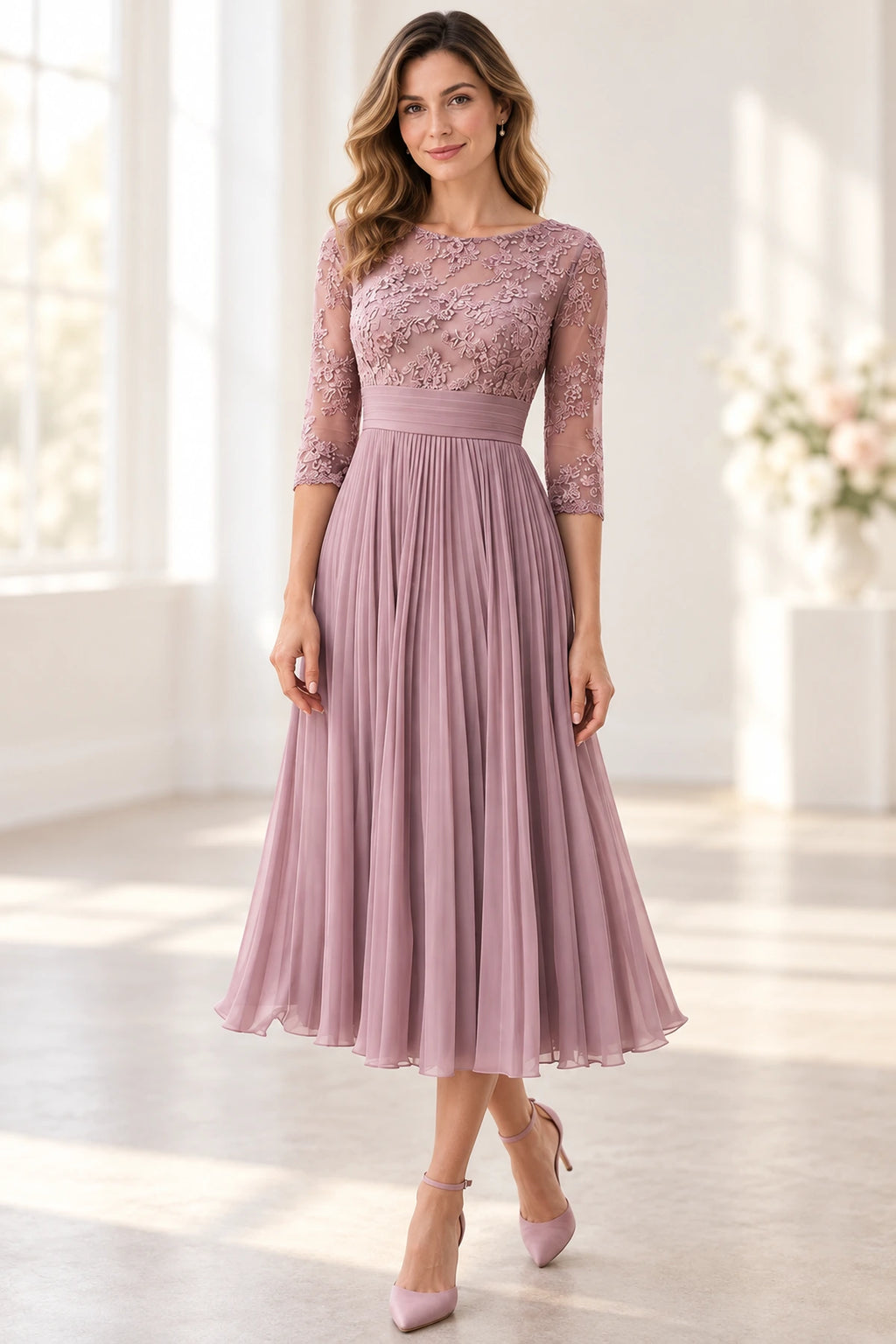 Graceful A Line Round Neck Three Quarter Sleeve Illusion Back Tea Length Mother of the Bride Dress