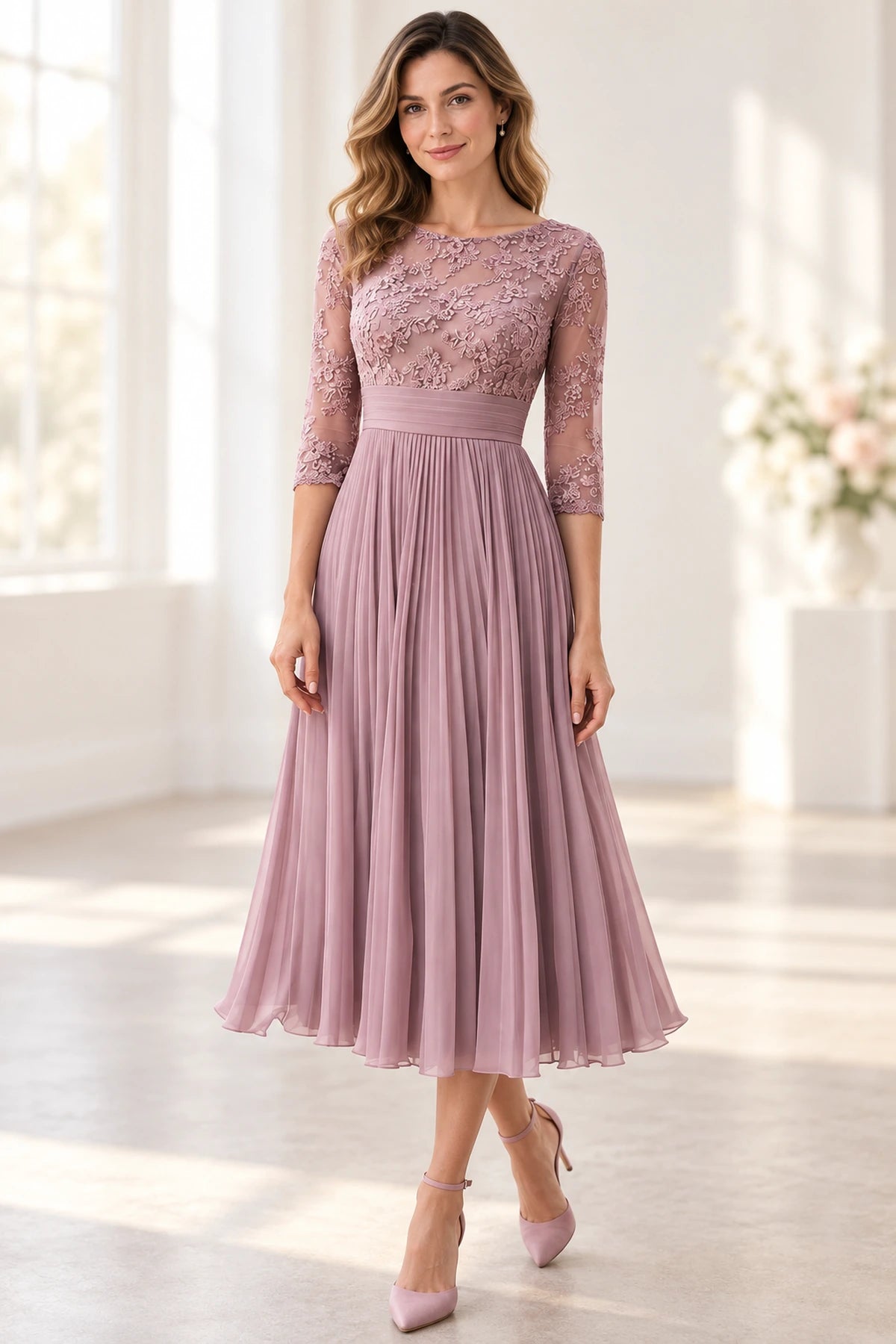 Graceful A Line Round Neck Three Quarter Sleeve Illusion Back Tea Length Mother of the Bride Dress