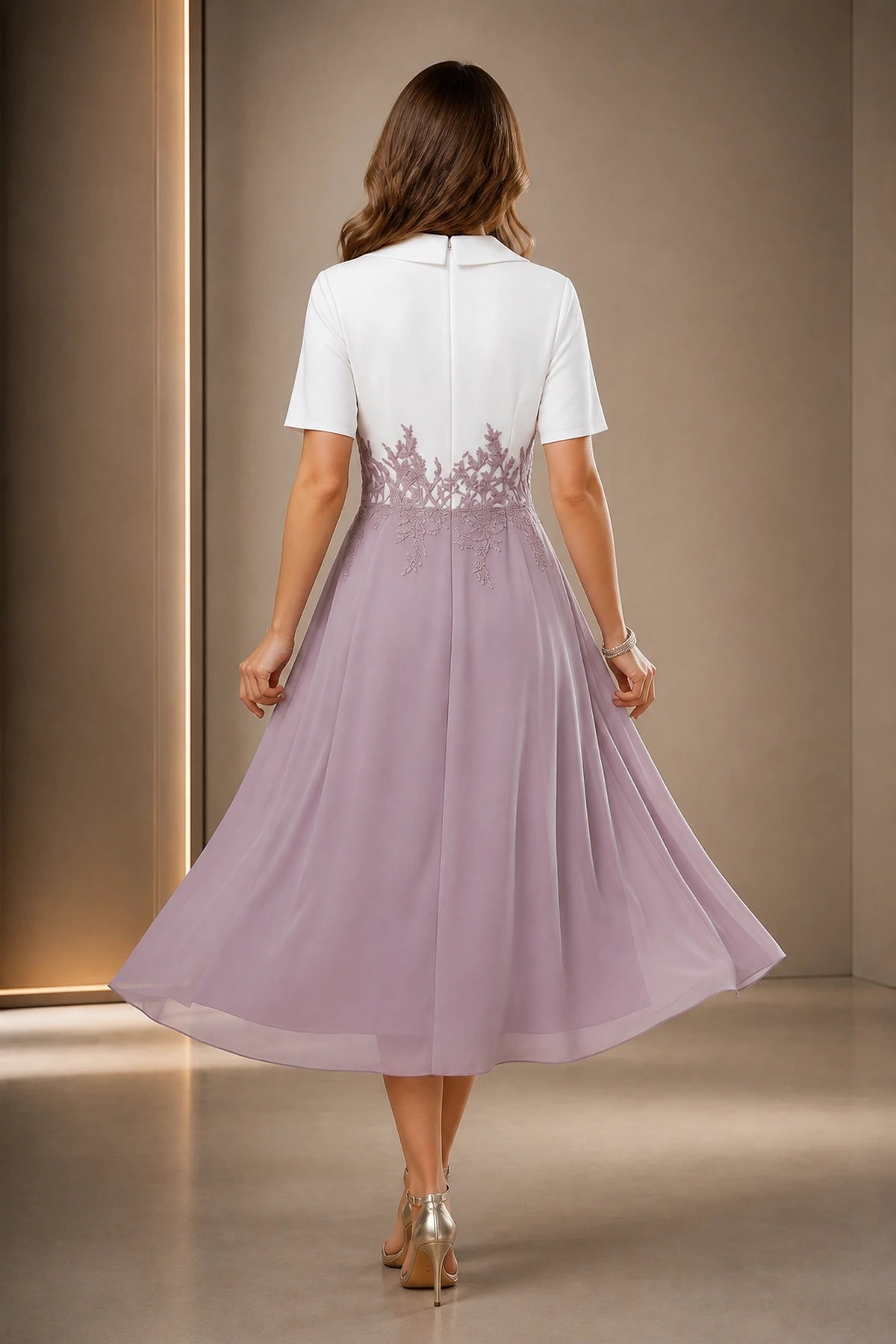 Vedress ivory and dusty mauve mother of the bride dress with short sleeves lace waist zipper back and tea-length A-line skirt back view