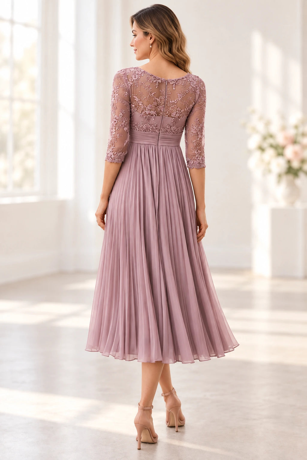 Graceful A Line Round Neck Three Quarter Sleeve Illusion Back Tea Length Mother of the Bride Dress