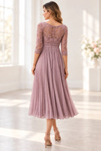 Graceful A Line Round Neck Three Quarter Sleeve Illusion Back Tea Length Mother of the Bride Dress
