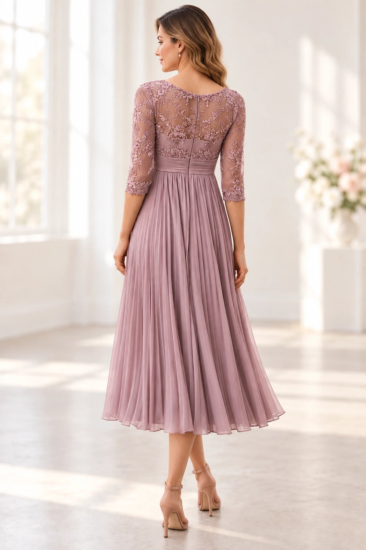 Graceful A Line Round Neck Three Quarter Sleeve Illusion Back Tea Length Mother of the Bride Dress
