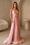 GraceProm dusty pink strapless prom dress with sweetheart neckline pleated bodice feather trim and floor length A-line skirt