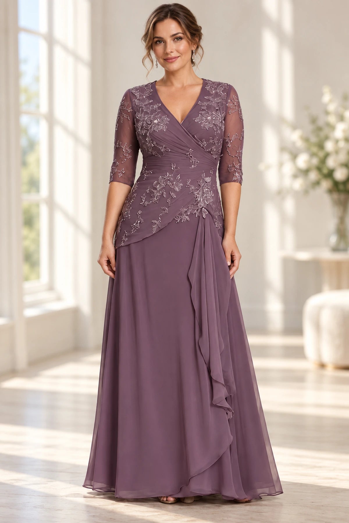 Refined A-Line V-Neck Half-Sleeve Closed-Back Floor-Length Mother of the Bride Dress
