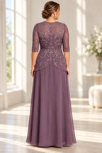 Refined A-Line V-Neck Half-Sleeve Closed-Back Floor-Length Mother of the Bride Dress