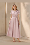 Graceprom dusty rose Mother of the Bride dress with short sleeves shoulder bow and beaded waist