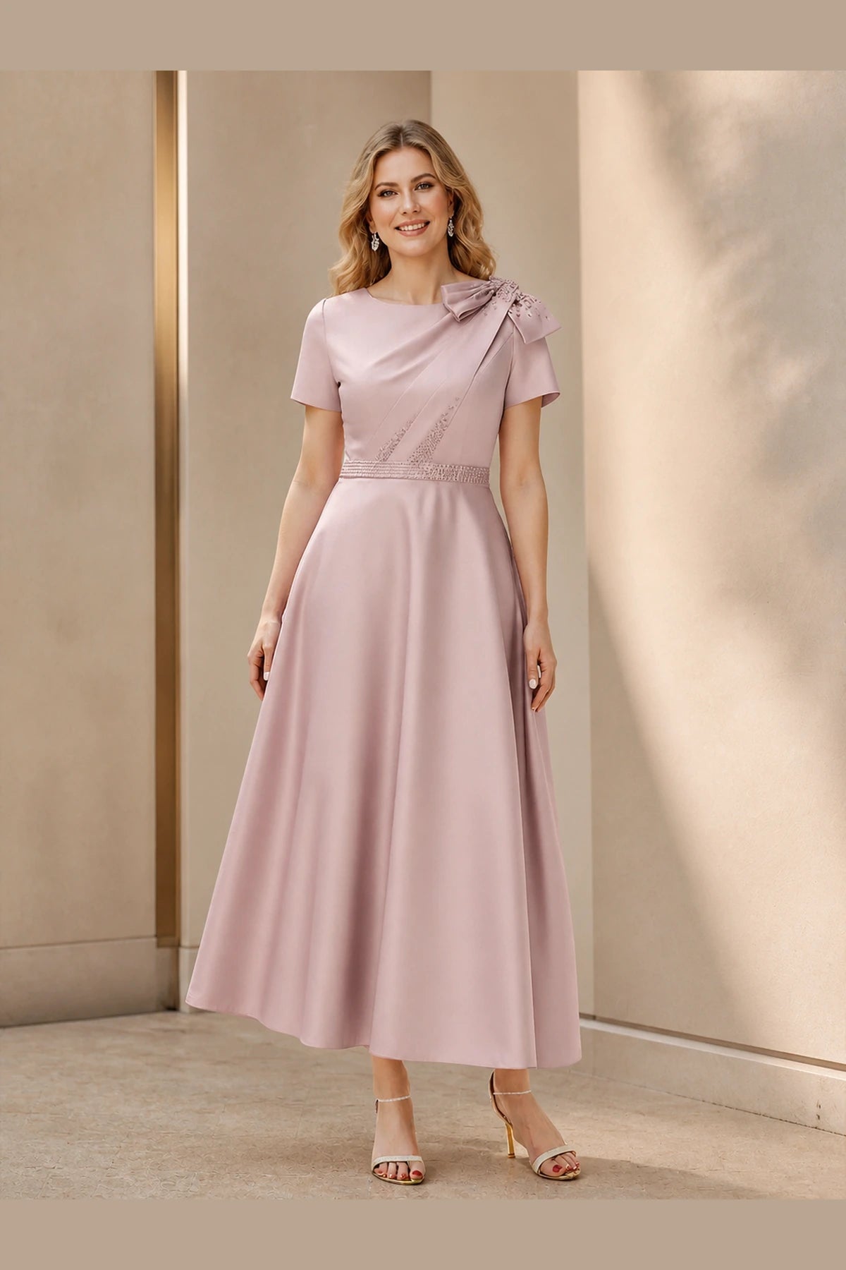 Graceprom dusty rose Mother of the Bride dress with short sleeves shoulder bow and beaded waist