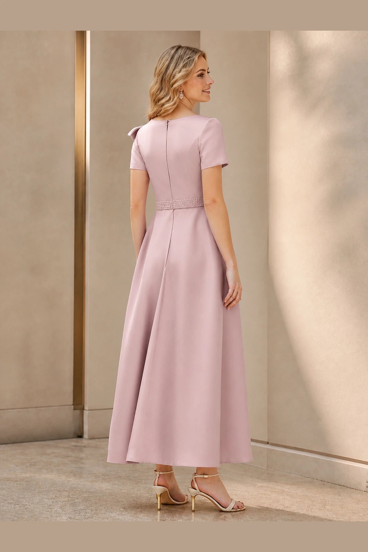 Graceprom dusty rose Mother of the Bride dress with zipper back and A line midi skirt