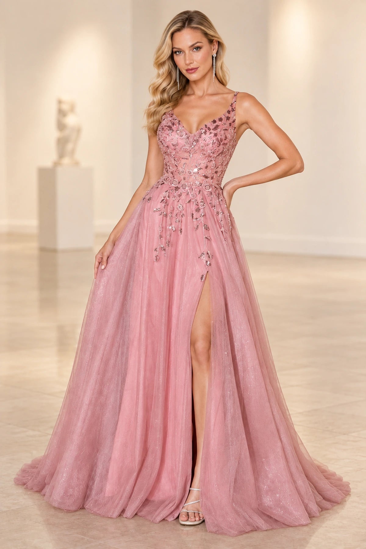 Romantic Embellished Tulle A-Line V-Neck Sleeveless Floor-Length Prom Dress