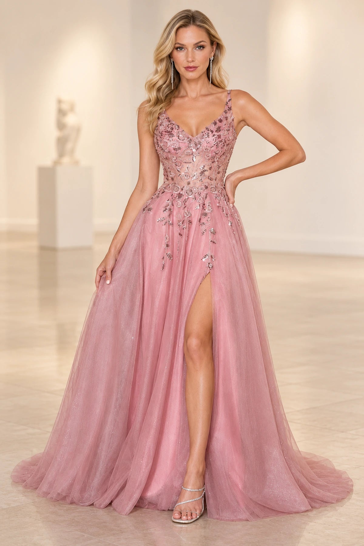 Romantic Embellished Tulle A-Line V-Neck Sleeveless Floor-Length Prom Dress