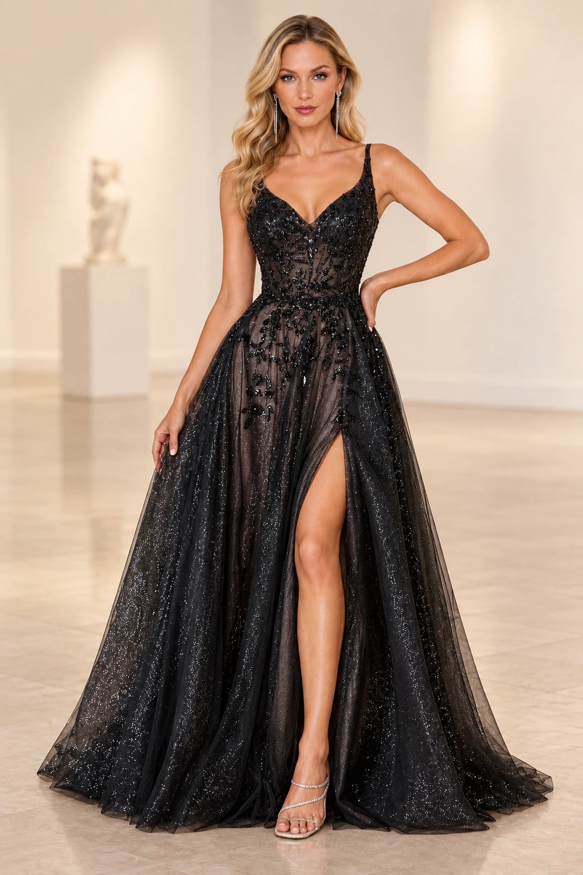 Romantic Embellished Tulle A-Line V-Neck Sleeveless Floor-Length Prom Dress