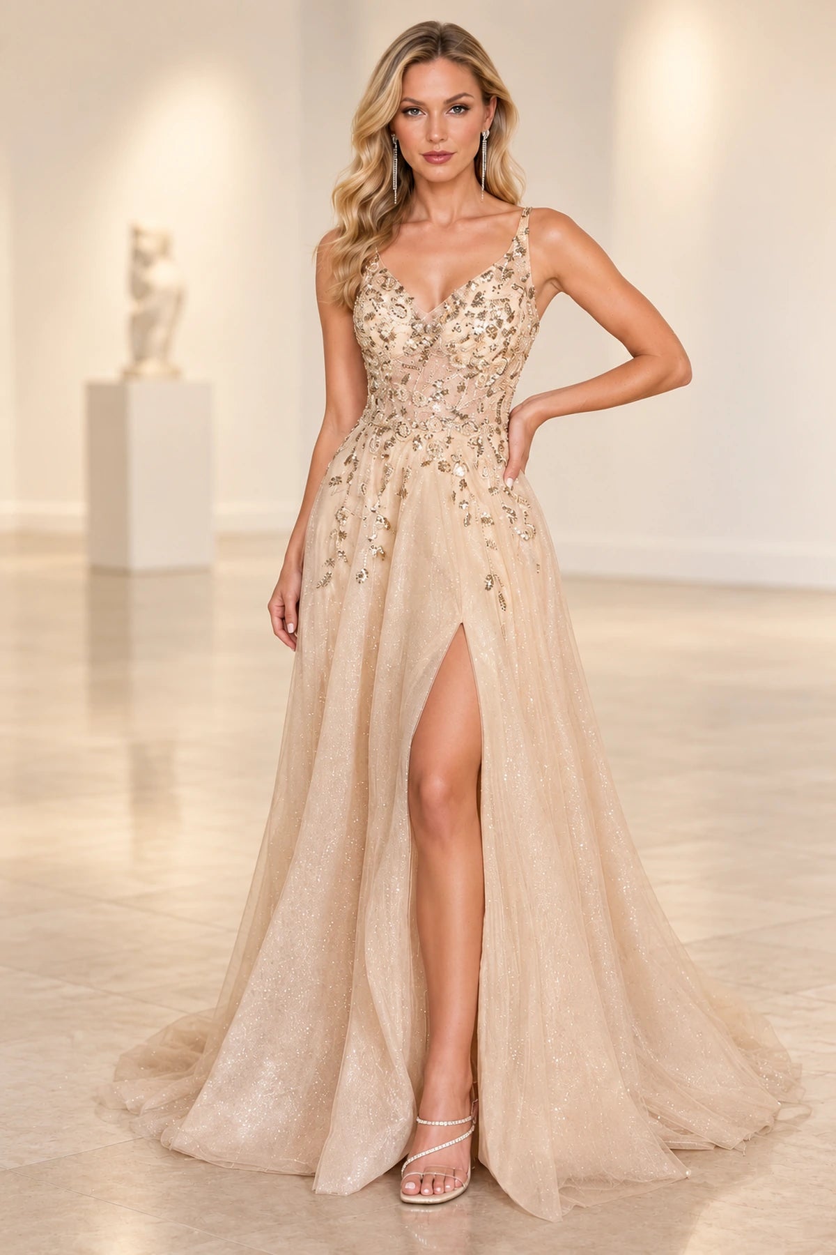 Romantic Embellished Tulle A-Line V-Neck Sleeveless Floor-Length Prom Dress