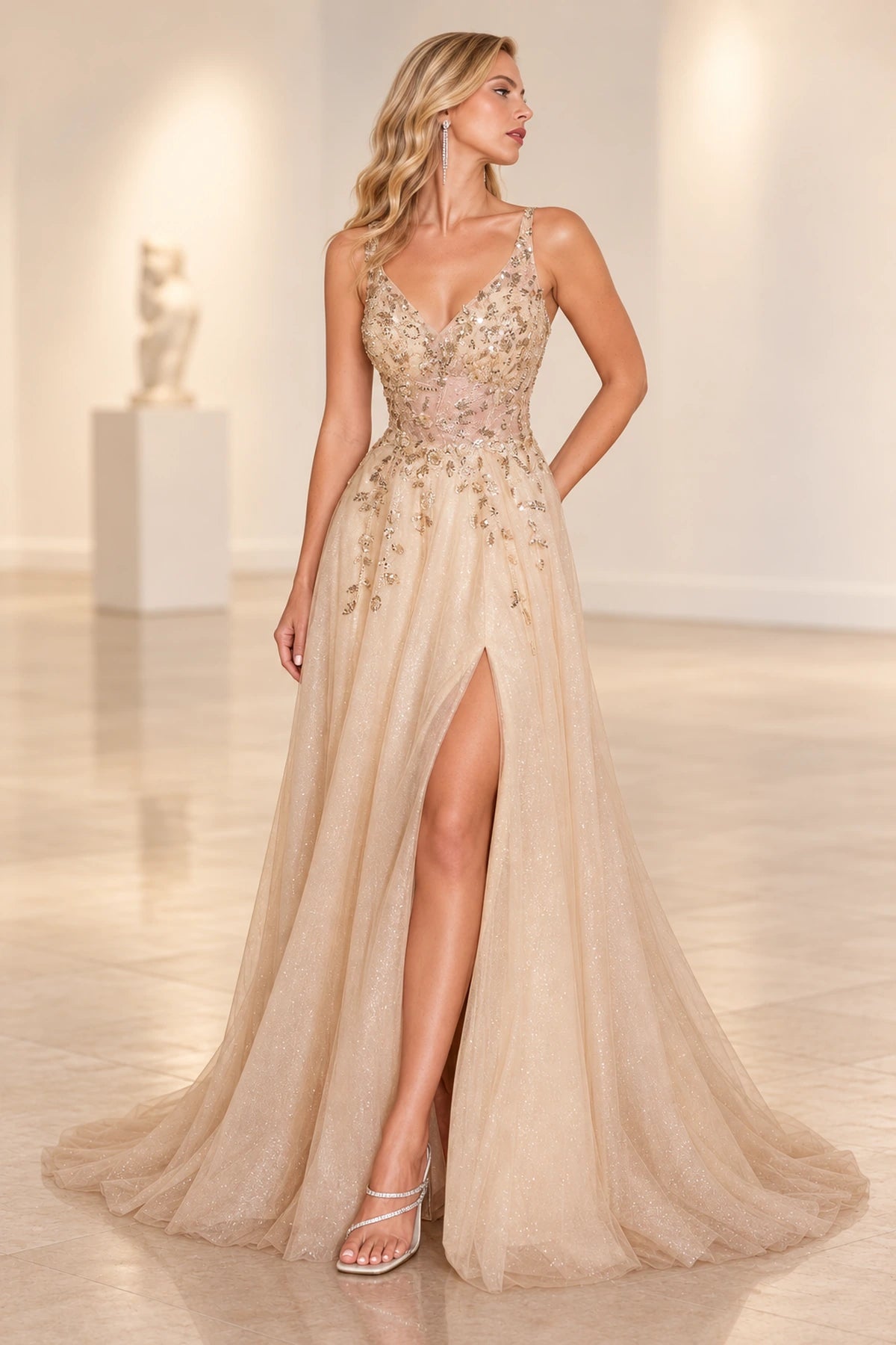 Romantic Embellished Tulle A-Line V-Neck Sleeveless Floor-Length Prom Dress