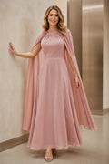 Vedress dusty rose mother of the bride dress with jewel neckline flowing cape design defined waist and floor-length A-line skirt front view